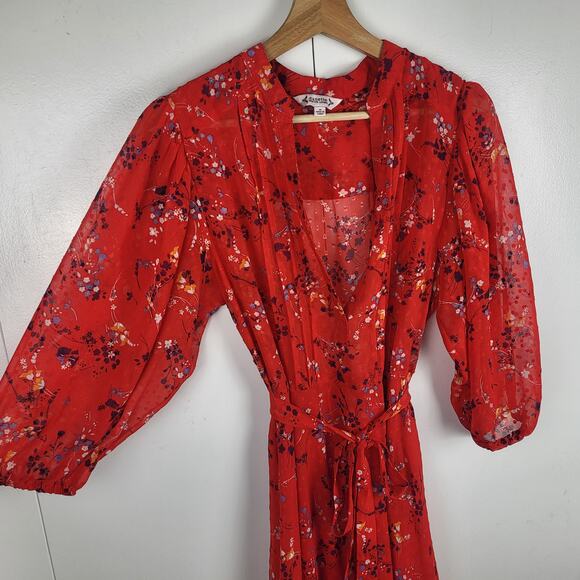 Nanette Lepore Pleated Floral Red Midi Dress Waist Tie | Medium 8 - Picture 7 of 10